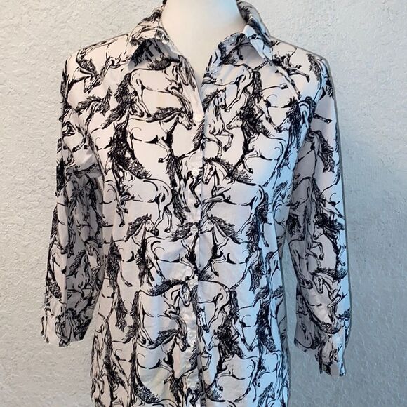 Tahari Horses Equestrian White Black Button Shirt Sz s - Picture 1 of 9